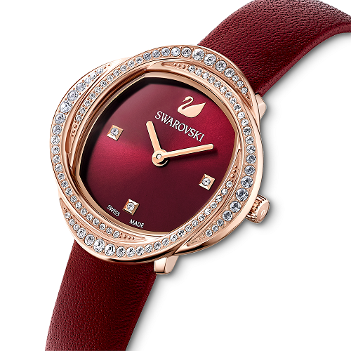 CRYSTAL FLOWER WATCH, LEATHER STRAP, RED, ROSE-GOLD TONE PVD