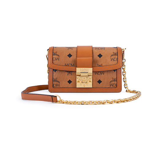 MCM Tracy Visetos Chain Crossbody Bag, Cognac